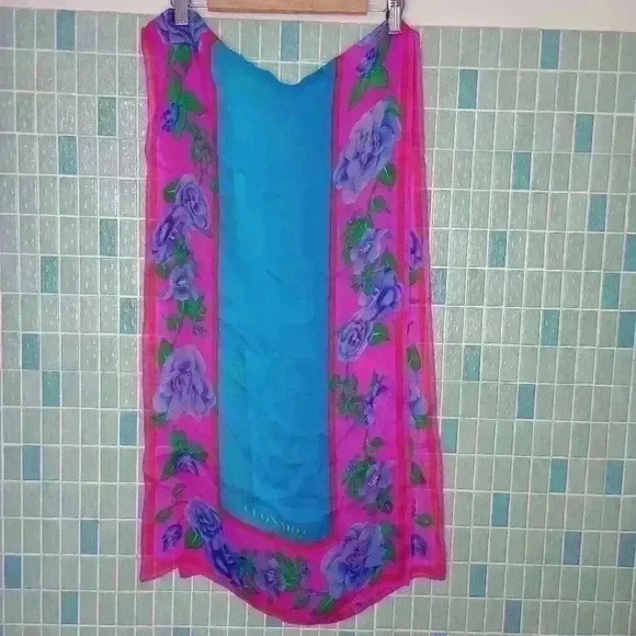 Leonard Paris Vintage Floral Silk Scarf Blue Pink - Picture 12 of 12